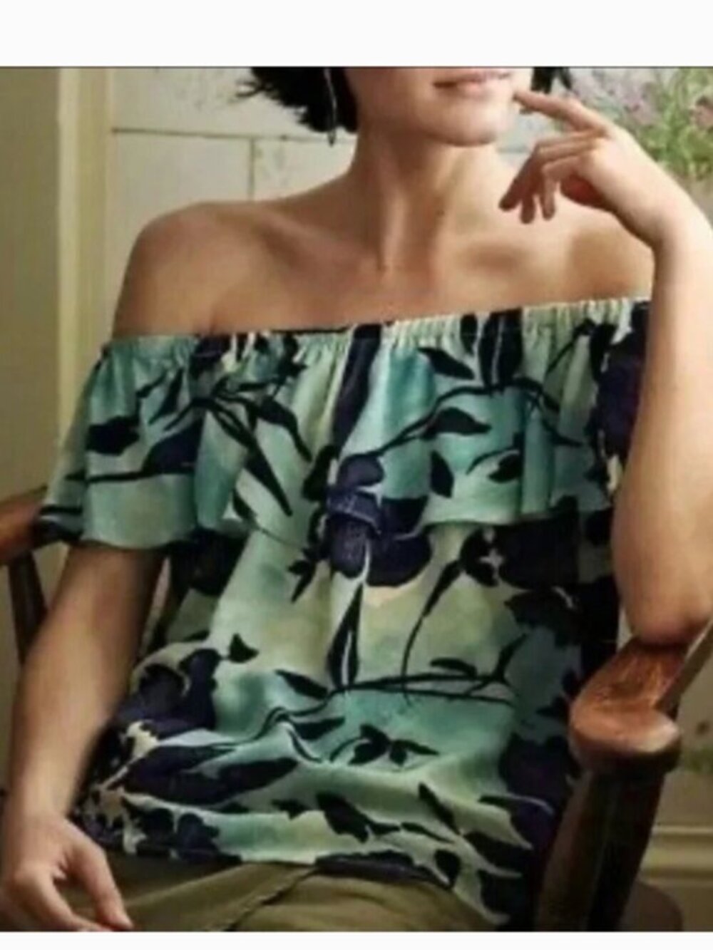 Anthropologie Maeve Islander Off the Shoulder Teal and Navy Floral Ruffle size M
